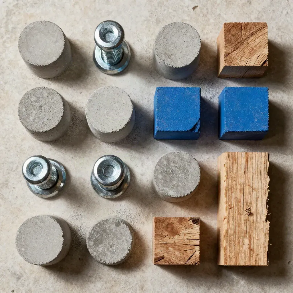 Bovenaanzicht van betonstalen, bouten en hout op lichte steen met een diepblauw accent.