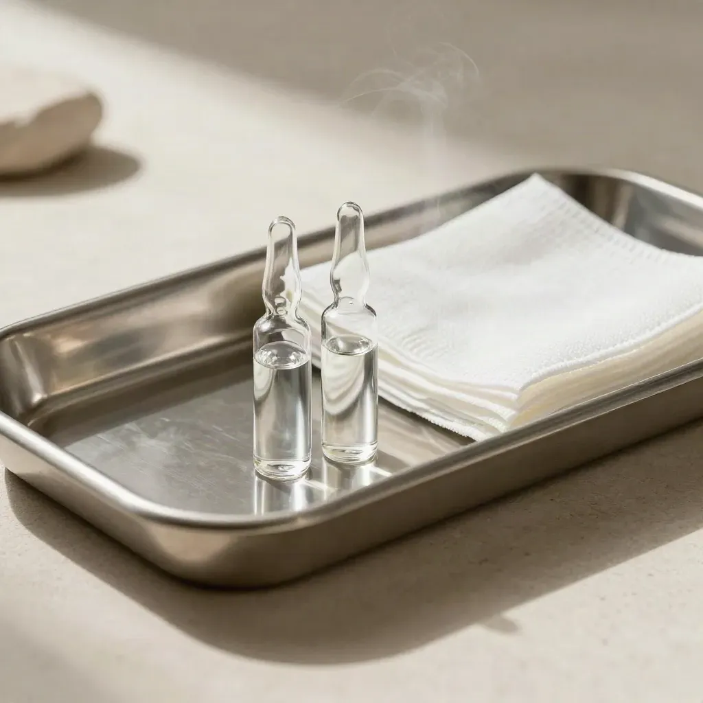 Macrostill van medische ampullen, stalen tray en gaasjes op licht steen.