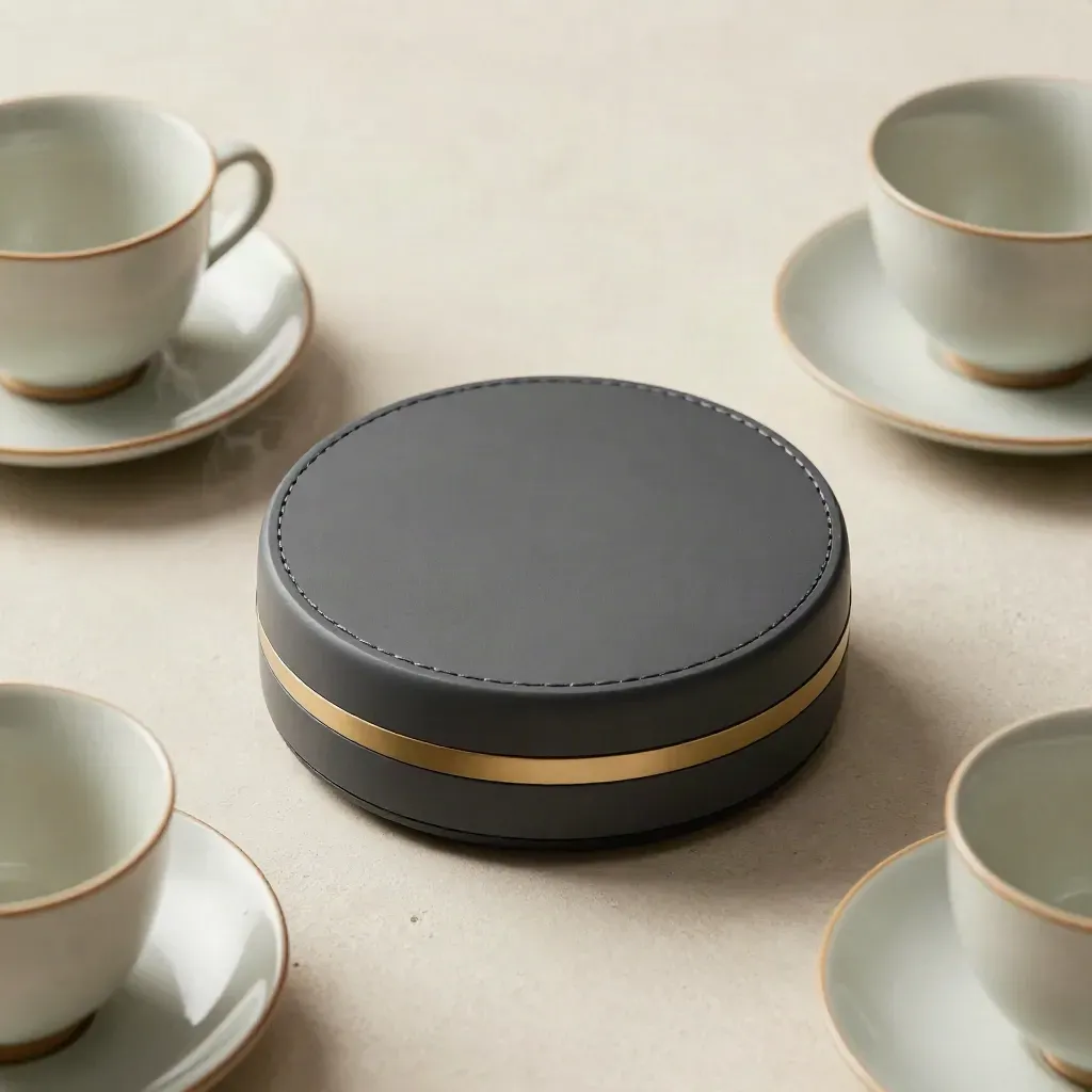 Speakerpuck met twee kopjes en schotels op licht pleisterwerk, met stoom.