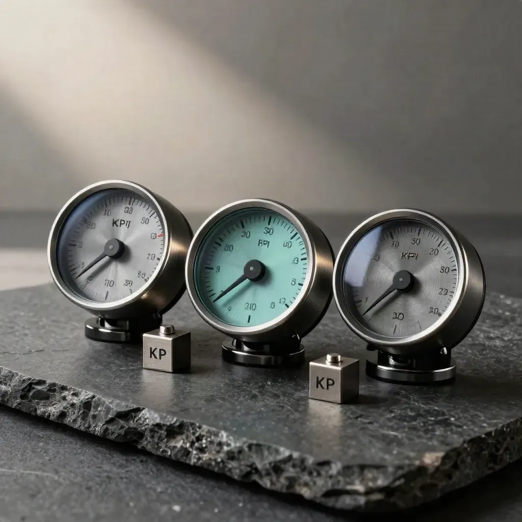 Drie metalen meetdials en kalibratieblokjes op donkere steen in dramatisch licht.