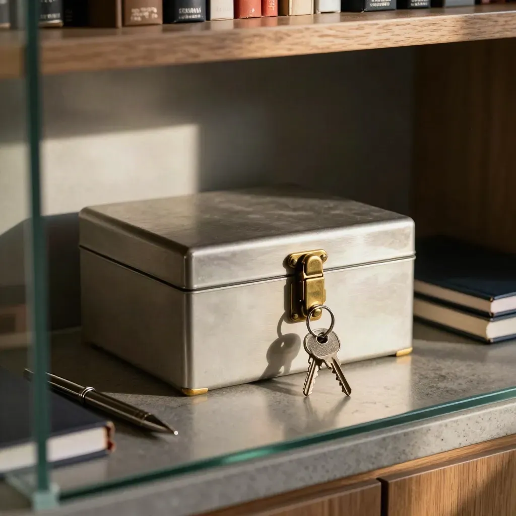 Cashbox, sleutels, stalen pen en gesloten notitieboek in warm goud licht achter glas.