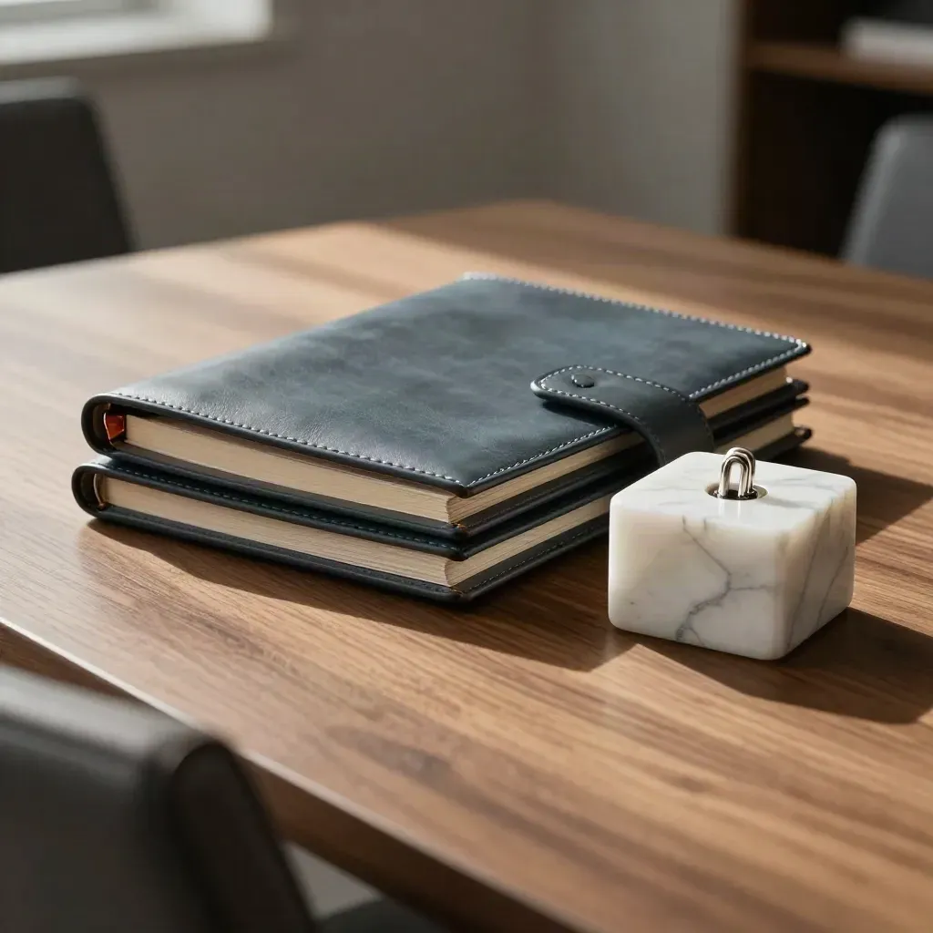 Leren agenda's, marmeren presse-papier en stalen clips op een vergadertafel