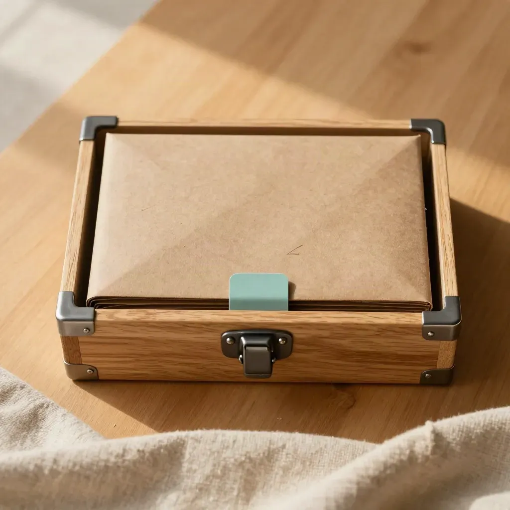 Bovenaanzicht van een samplebox met metalen sluitingen en kaarthoezen op licht eiken.