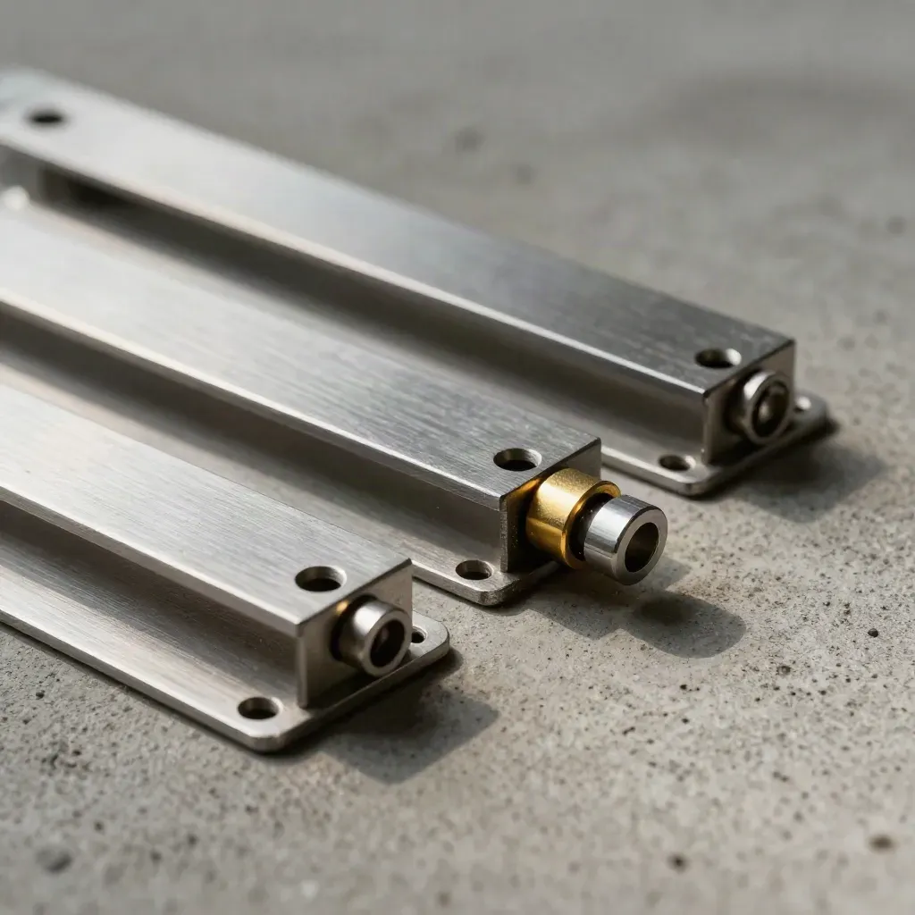 Close-up van metalen brackets, shimplaten en een connector op beton.