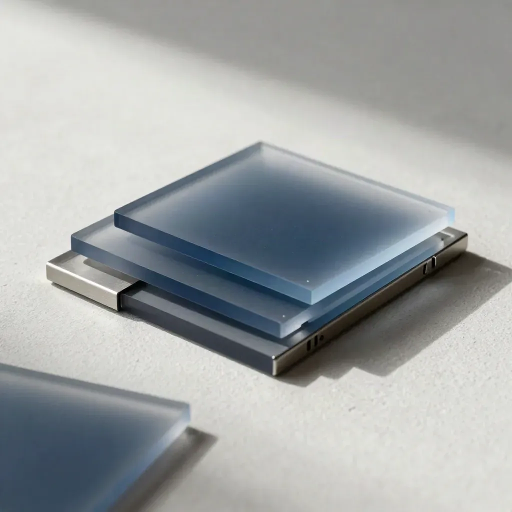 Frosted acryltegels met connectors op licht pleister, in zacht daglicht.